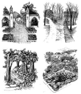 Campus illustrations by Joe Lee for an upcoming book by IU historian and professor James Capshew. (clockwise from top left) Sample Gates, Owen Hall and Wylie Hall (original buildings), Campus River, Dunn’s Woods and beyond. | Reprinted courtesy of James Capshew