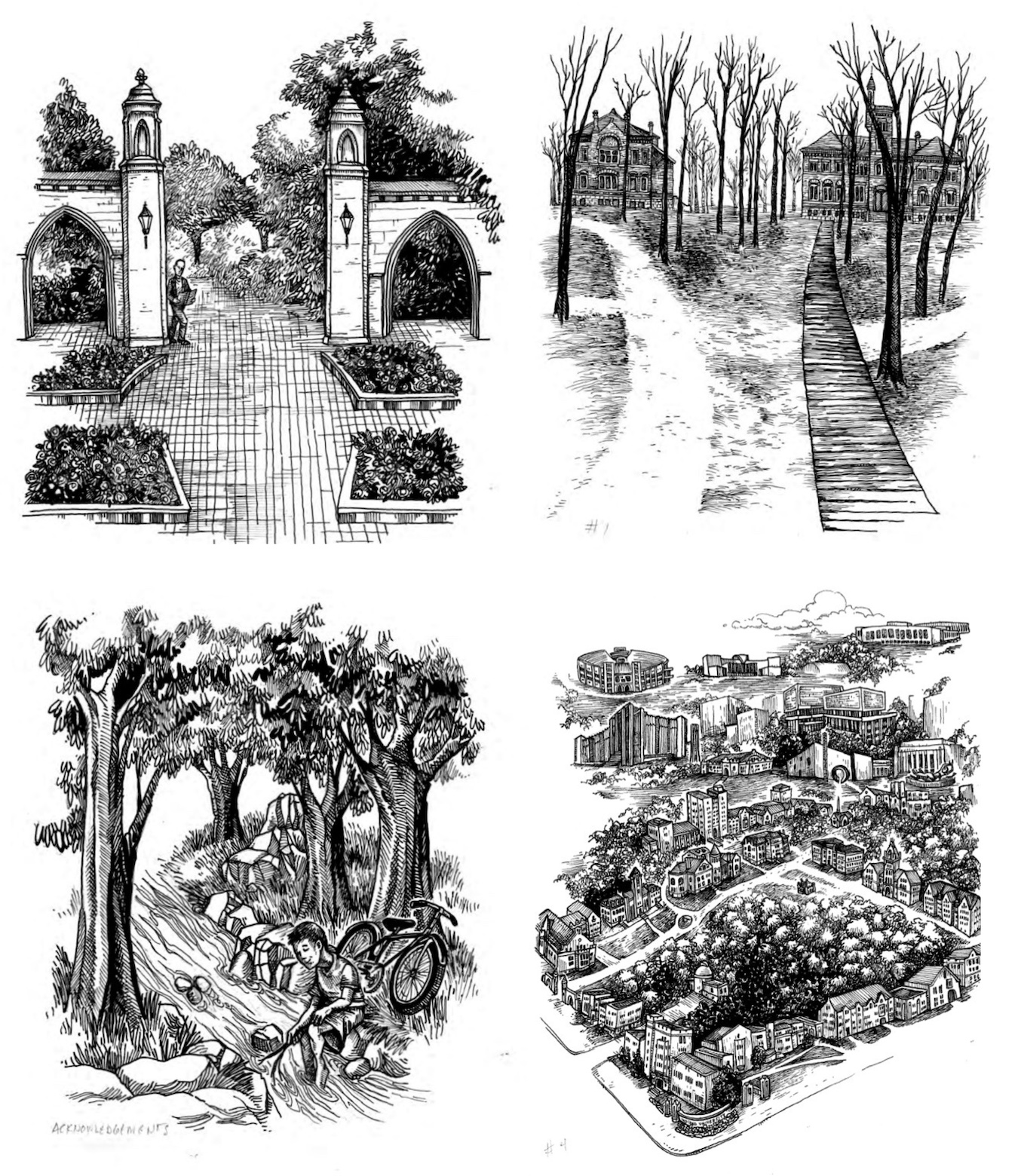 Campus illustrations by Joe Lee for an upcoming book by IU historian and professor James Capshew. (clockwise from top left) Sample Gates, Owen Hall and Wylie Hall (original buildings), Dunn’s Woods and environs, and the Campus River. | Reprinted courtesy of James Capshew