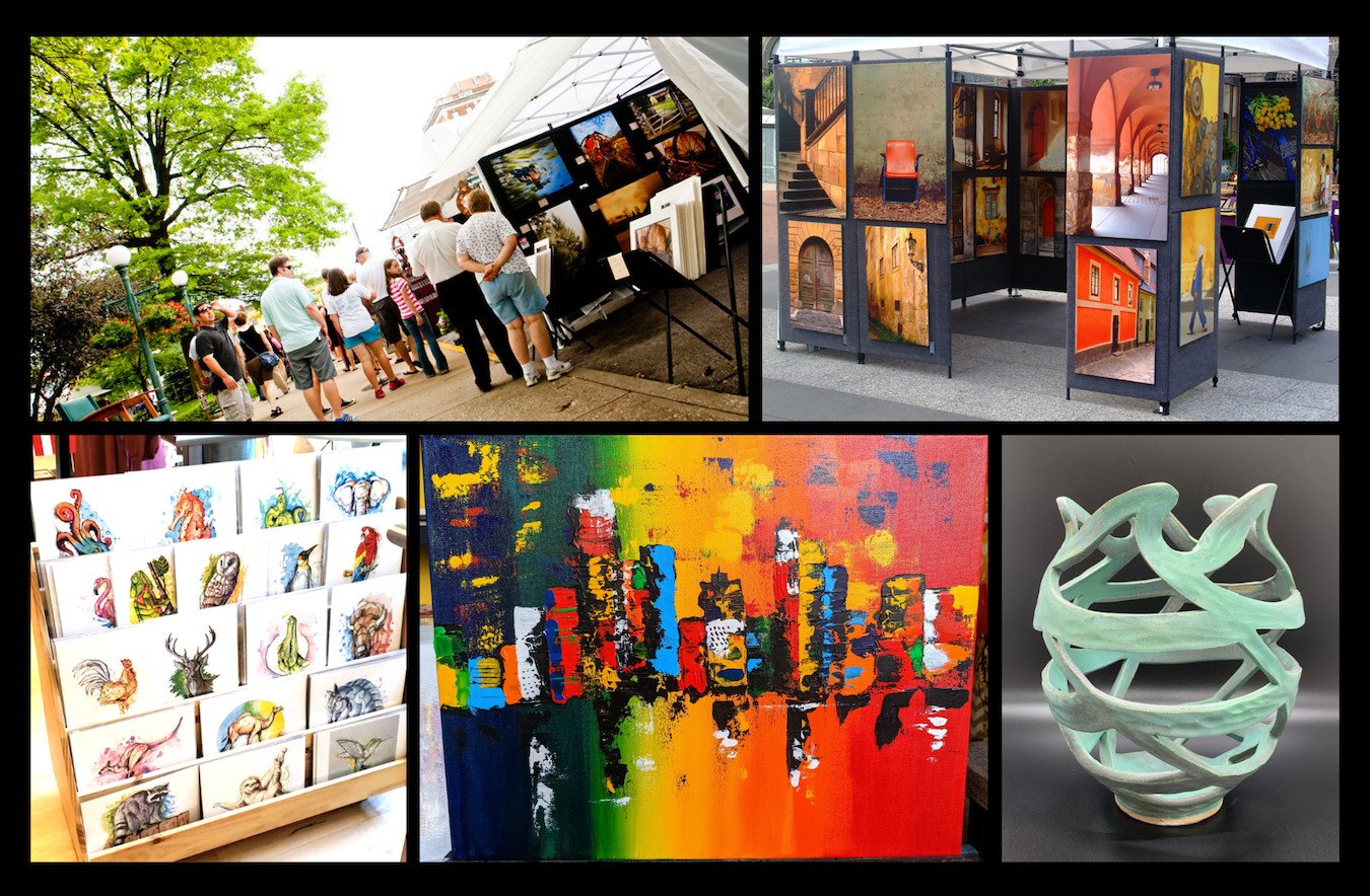 Art Fair on the Square features scores of artists working in a variety of media, including ceramics, drawing, fiber, glass, jewelry, painting, photography, sculpture, and wood. (clockwise from top right) Trager Photography, Straeffer Studios, Ethel Rosemary, Finezart, and (top-left) visitors browse artist tents at a previous Art Fair on the Square.
