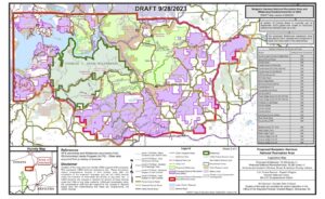 This Legislative Map shows the Charles C. Deam Wilderness Area’s 12,953 acres (dark green), the 15,300 acres of proposed new wilderness (light green), and the 29,000-acre Benjamin Harrison National Recreation Area (lavender). | Source: U.S. Forest Service