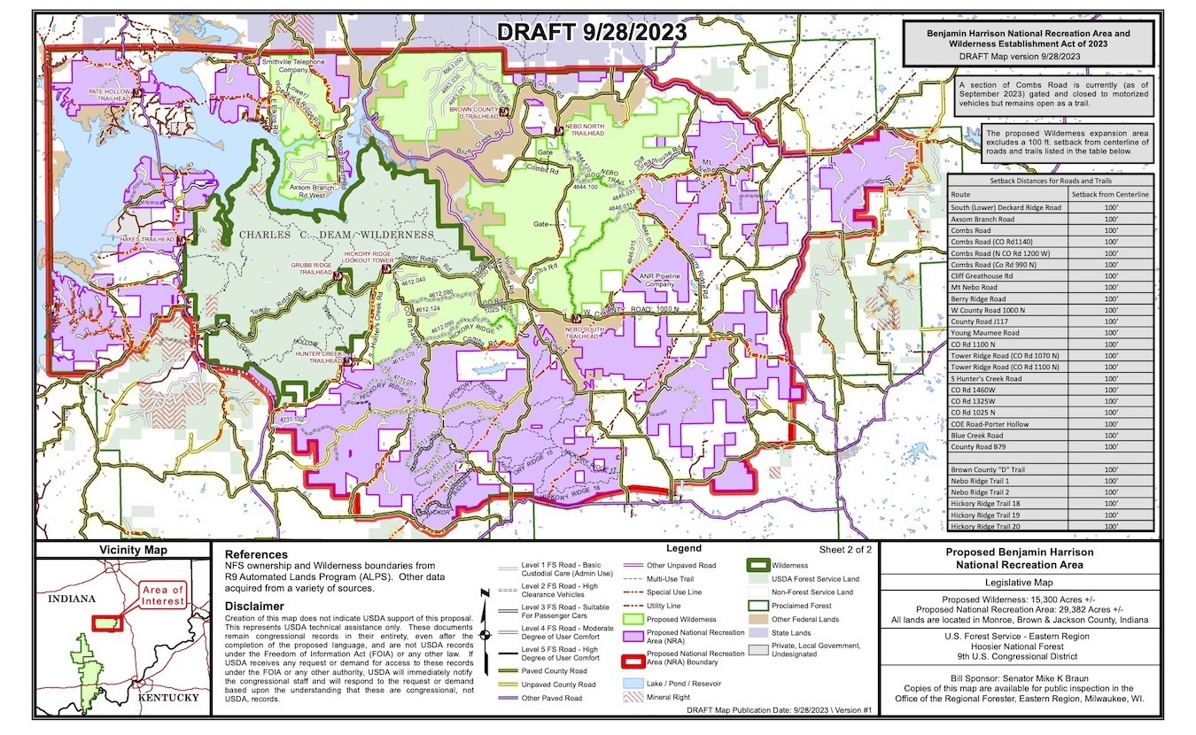 This Legislative Map shows the Charles C. Deam Wilderness Area’s 12,953 acres (dark green), the 15,300 acres of proposed new wilderness (light green), and the 29,000-acre Benjamin Harrison National Recreation Area (lavender). | Source: <a href="https://www.braun.senate.gov/wp-content/uploads/2023/09/HoosierPropWildNRA_SenBraun_Version1_11x17_09-28-2023_Map2of2.pdf" target="_blank" rel="noopener">U.S. Forest Service</a>