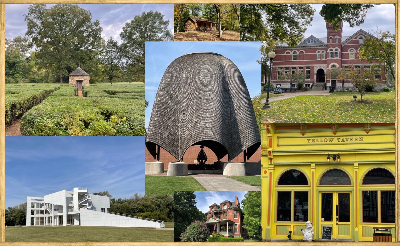Some visitors enjoy New Harmony, a “wonderfully preserved” town along the Wabash River in southwestern Indiana, for its unusual history. Others are attracted by a more spiritual connection. (center) Interdenominational Roofless Church, (clockwise from top left) Harmonist Labyrinth, cabin at Harmonie State Park, Working Men’s Institute, Yellow Tavern, A.C. Thomas House (courtesy photo), and Atheneum Visitor Center. | Photos by Laurie D. Borman