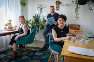 Bloomington masthead of Funny Times (l-r): Editor Mia Beach and co-publishers Gabriel Piser and Renae Lesser. | Photo by Jim Krause