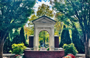 Entrance to Church Park, site of two original Harmonist churches. The fountain was designed by Don Gummer, husband of Meryl Streep. | Photo by Laurie D. Borman