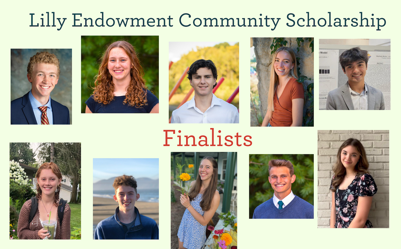 The Lilly Endowment Community Scholarship Program encourages young Hoosier scholars to “engage with each other and with state leaders to improve the quality of life in Indiana.” The ten high school seniors pictured above were named the finalists in Monroe County. (top row, l-r) William Foley, Lucy Tait, Dominic D’Onofrio, Teagan Hanna, Kyle Davis; (bottom row, l-r) Ingrid Pendergast, Dylan Stringer, Anson Reynolds, Joshua Tait, Layla Vamos. | Courtesy photos