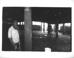 l’Abattoir, (Slaughterhouse), Conakry, Guinea, 2009, Gelatin Silver Print. Men clean up after a day’s work.