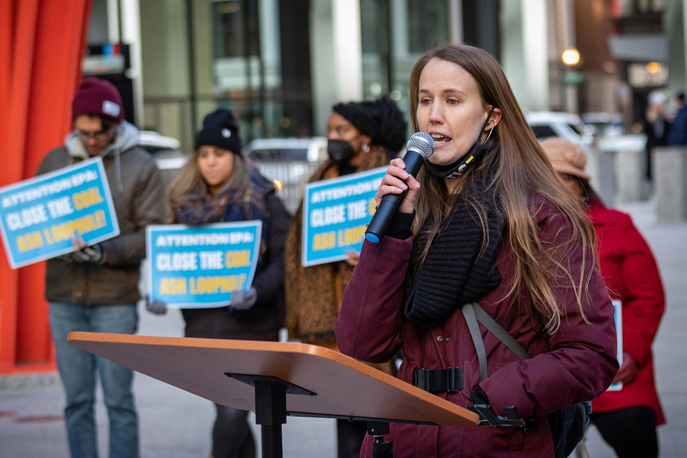 Just Transition Northwest Indiana Executive Director Ashley Williams speaking at a rally in front of the EPA in Chicago. | Photo by Matthew Kaplan
