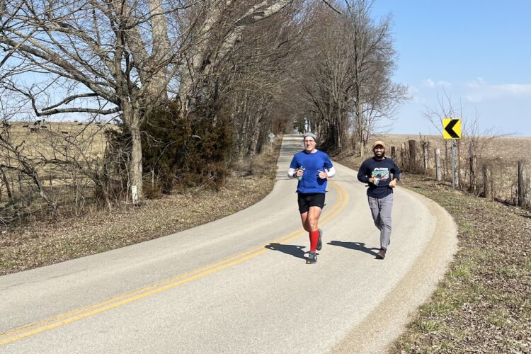 Mark Stosberg (left) and Taufique Hussain on Maple Grove Road during a recent 21-mile run (which Stosberg says became a 26.7-mile run). | Limestone Post