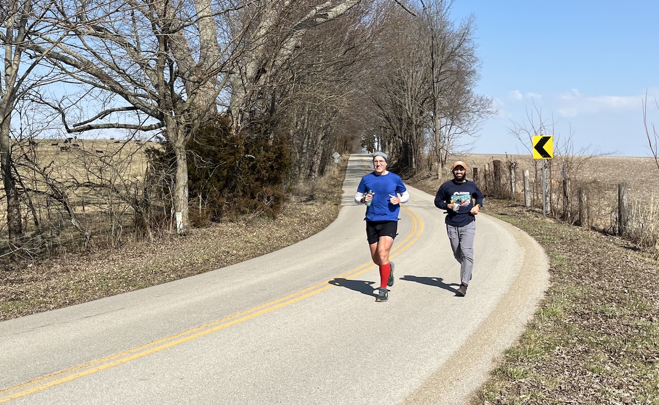 Mark Stosberg (left) and Taufique Hussain on Maple Grove Road during a recent 21-mile run (which Stosberg says became a 26.7-mile run). | Limestone Post