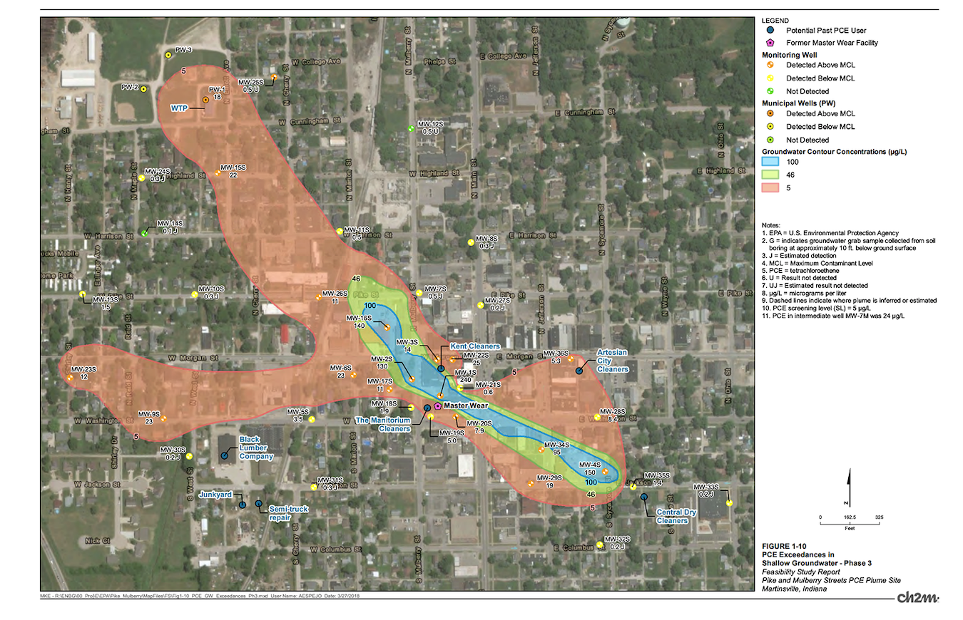 An EPA map showing levels of PCE within the Superfund site plume.