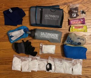The gear Stosberg took on his 50-miler included a waist belt, water filter, snacks, and energy drink mix.
