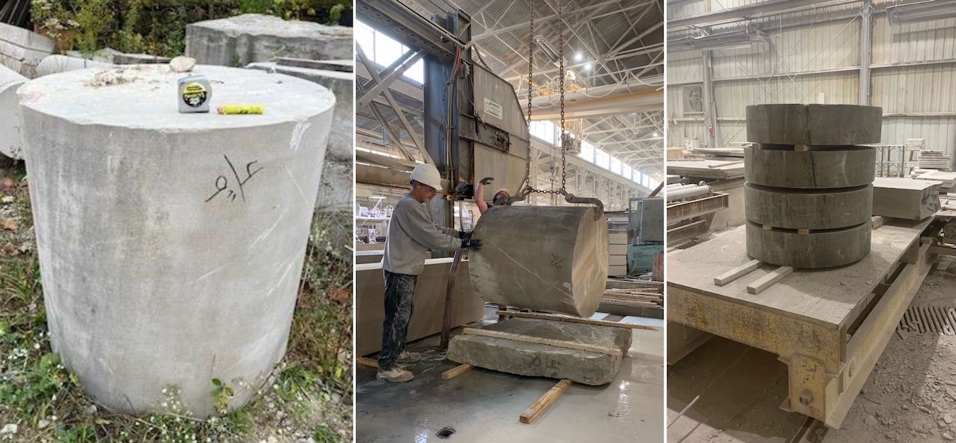 (l-r) The original uncut block of stone, preparing the stone for the saw, and the four cut slabs ready for the carver. | Photos by Boyd Sturdevant