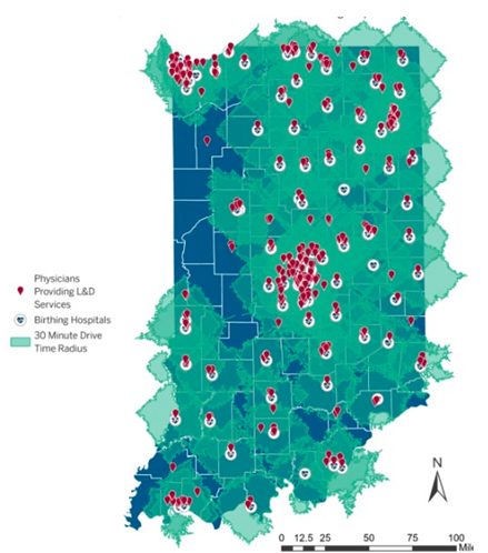 Distance from residence to birthing centers in Indiana. | Source: Indiana Maternal Mortality Review Committee