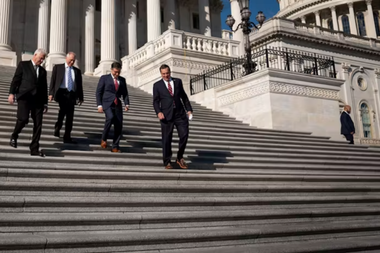 U.S. Reps. Tom Emmer, Steve Scalise, Mike Johnson and Richard Hudson (l-r), four prominent GOP lawmakers, descend the U.S. Capitol’s steps on November 12, 2024. | Photo by Andrew Harnik/Getty Images