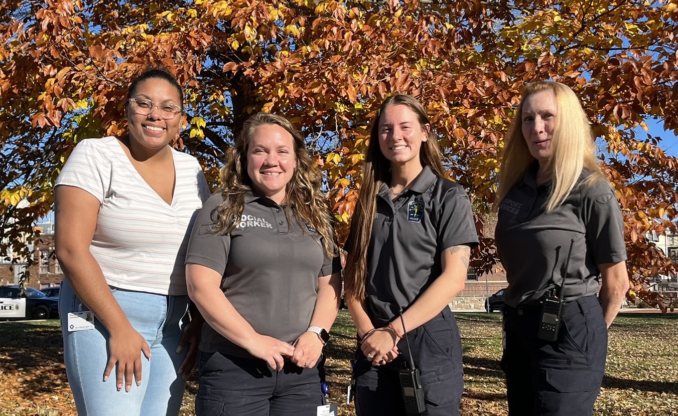 The licensed mental health professionals on the Social Support Services Team at the Bloomington Police Department say they offer types of help that uniformed police officers aren’t trained to provide. (l-r) Dayona Cunningham, BPD Social Work Intern; Melissa Stone, MSW, LCSW; Mallory Swanson, MSW, LCSW; Pamela Flick, MA, LMHCA. | Limestone Post