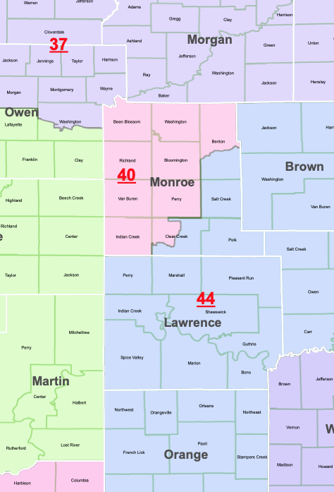 Gerrymandering has allowed Indiana Republican candidates to win about 80 percent of the state’s Senate seats by getting only about 58 percent of the state’s votes. Above, the Indiana Senate District map for south-central Indiana. | Source: <a href="https://iga.in.gov/information/senate-district-map" target="_blank">Indiana General Assembly website</a>